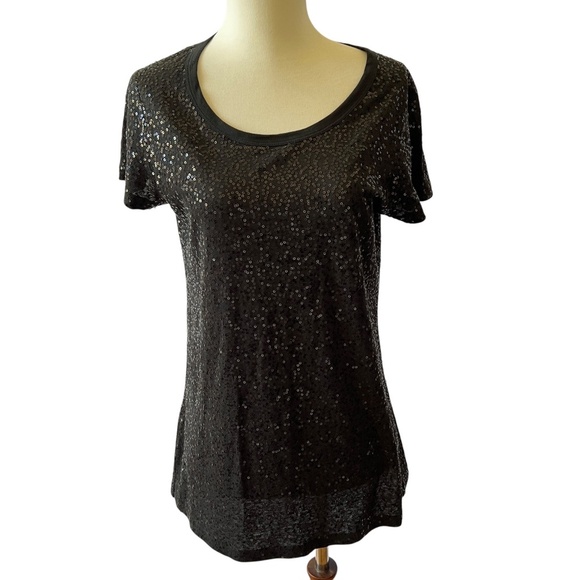 DKNY SS TEE SHIRT M 100% COTTON SEQUINS ELEVATED CASUAL SHIMMERY DAY TO DATE - Picture 2 of 12